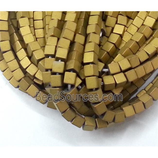 matte Hematite beads, no-Magnetic, cube, gold electroplated