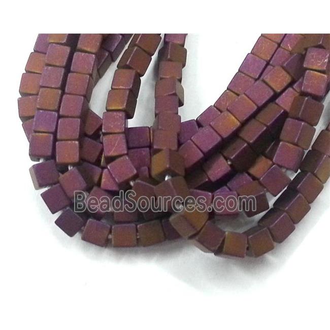 matte Hematite cube beads, no-Magnetic, purple electroplated