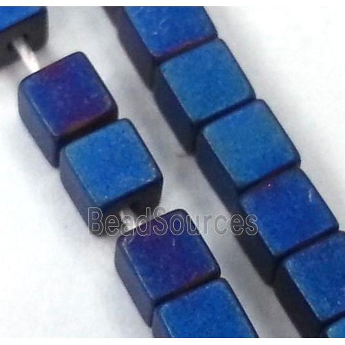 matte Hematite beads, no-Magnetic, cube, blue electroplated