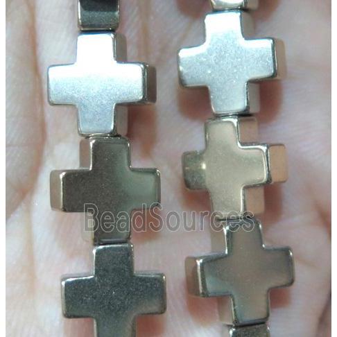 hematite beads, cross, lt.gold plated, no magnetic