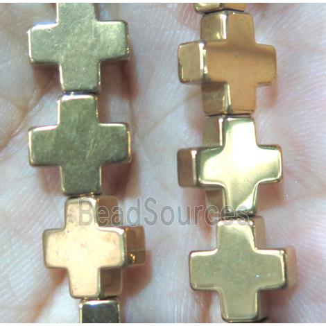 hematite beads, cross, gold plated, no magnetic