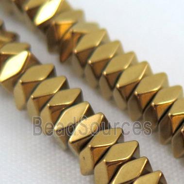 Hematite bead, faceted square, gold electroplated