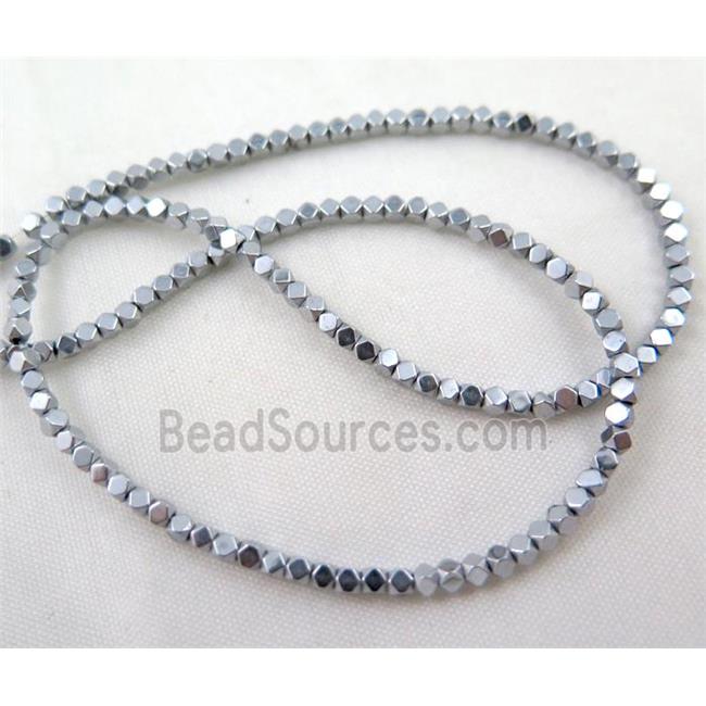 Hematite bead, faceted cube, platinum electroplated