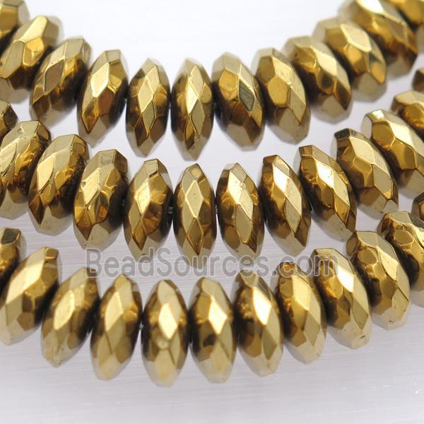 Hematite disc beads, faceted heishi, gold electroplated