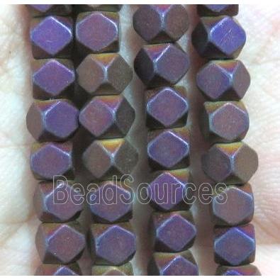 matte Hematite bead, faceted cube, purple electroplated