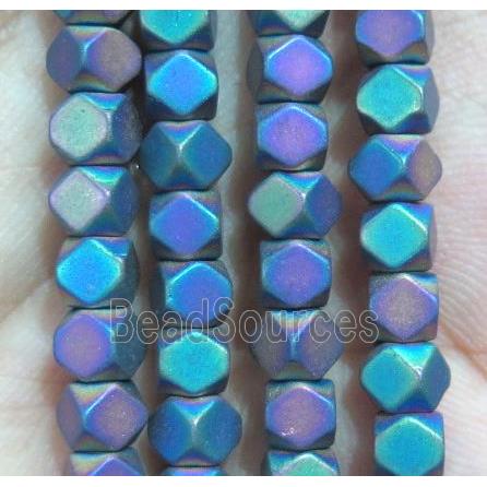 matte Hematite beads, faceted cube, rainbow electroplated