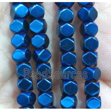 Hematite bead, faceted cube, blue electroplated