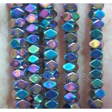 Hematite bead, faceted cube, rainbow electroplated