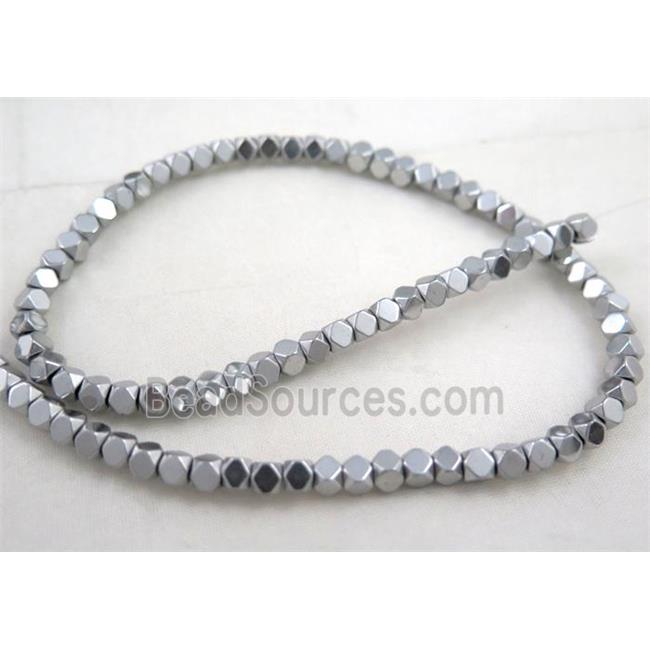 hematite beads, faceted round, silver electroplated