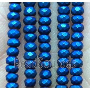 matte hematite beads, faceted rondelle, blue electroplated