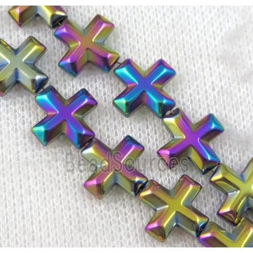 hematite cross beads, rainbow electroplated