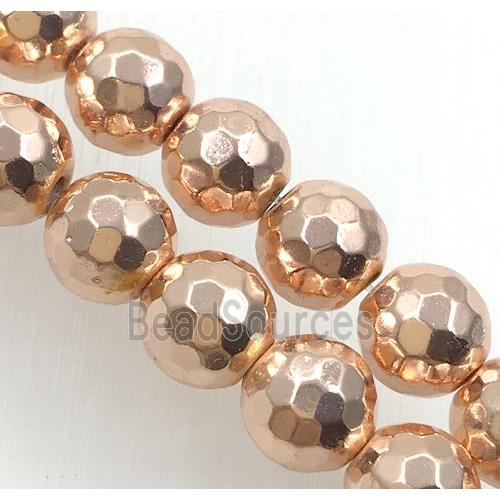 faceted round hematite beads, rose gold plated