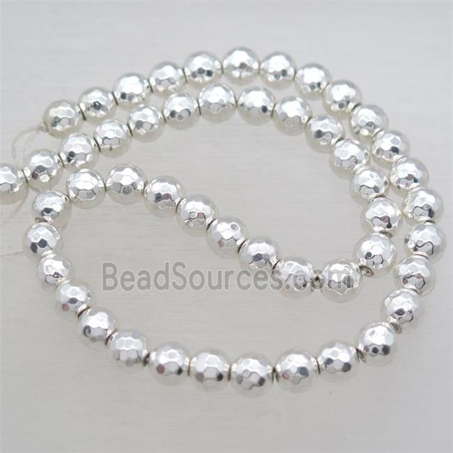 faceted round Hematite Beads, shiny silver plated