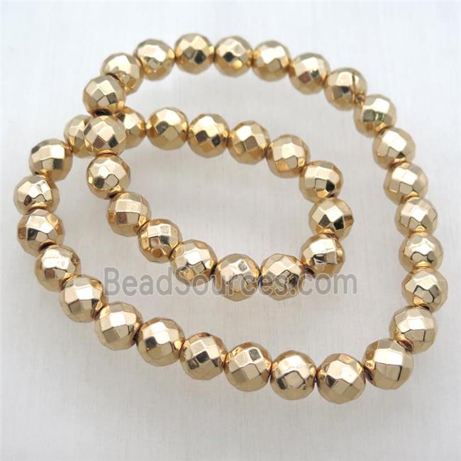 faceted round Hematite Beads, light KC-gold electroplated