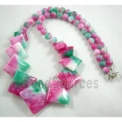 Jade Necklace, square, pink/green, 16"