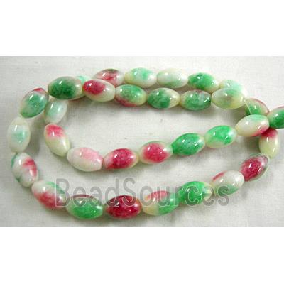 Jade beads, oval, green/white/pink