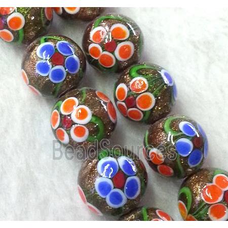 lampwork bead with flower and goldsand, round