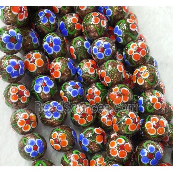 lampwork bead with flower and goldsand, round