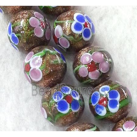 lampwork bead with flower and goldsand, round