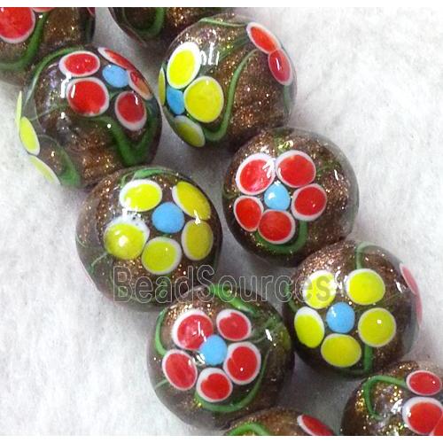 lampwork bead with flower and goldsand, round