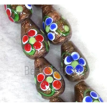 lampwork bead with flower and goldsand, teardrop