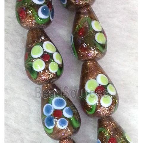 lampwork bead with flower and goldsand, teardrop