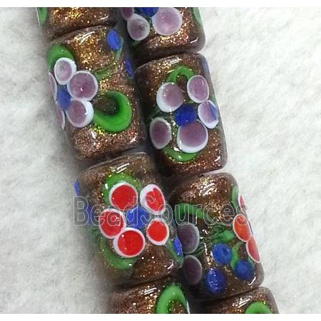 lampwork bead with flower and goldsand, round tube