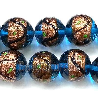 glass lampwork beads with goldsand, round, blue