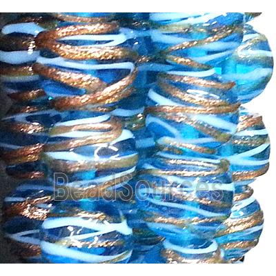 glass lampwork beads with goldsand line, round, blue