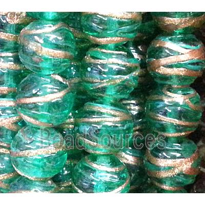 glass lampwork beads with goldsand line, round, green