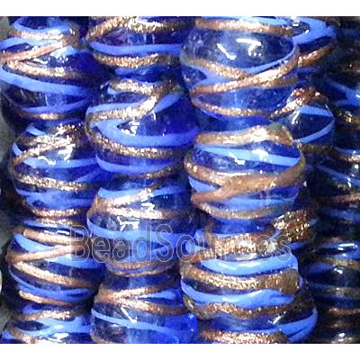 glass lampwork beads with goldsand line, round, blue