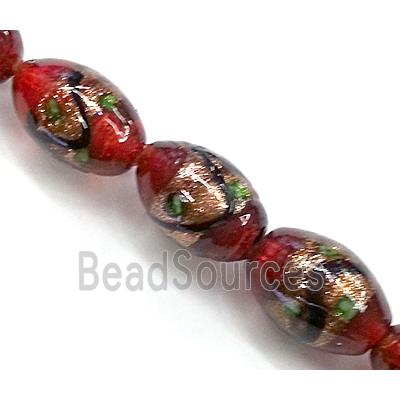 glass lampwork beads with goldsand, barrel, red