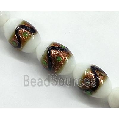 glass lampwork beads with goldsand, barrel, white