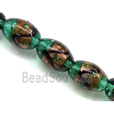 glass lampwork beads with goldsand, barrel, peacock-blue