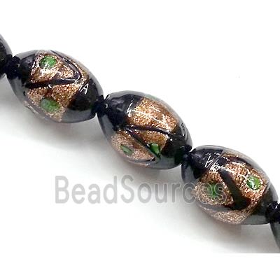 glass lampwork beads with goldsand, barrel, black