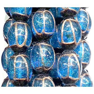 glass lampwork beads with goldsand line, barrel, blue