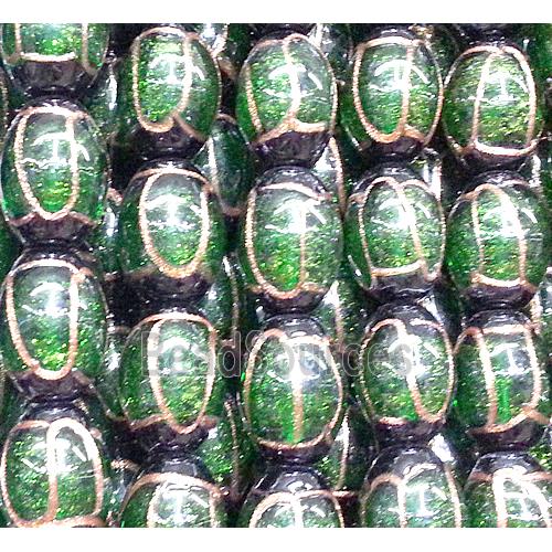 glass lampwork beads with goldsand line, barrel, green