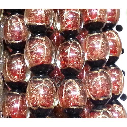 glass lampwork beads with goldsand line, barrel, red