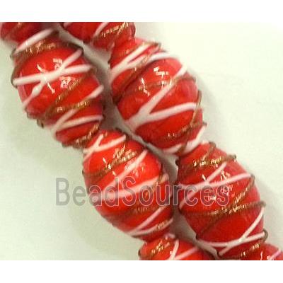 Lampwork Glass bead with goldsand, barrel, stripe, red,