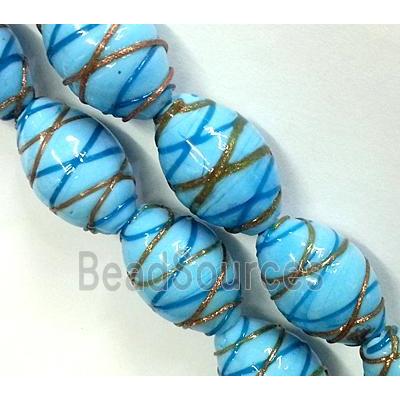 Lampwork Glass beads with goldsand, barrel, stripe, aqua