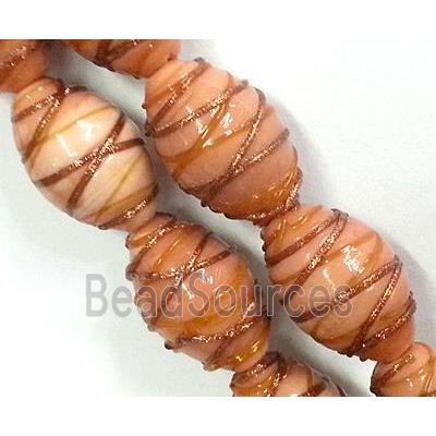 Lampwork Glass bead with goldsand, barrel, stripe, orange