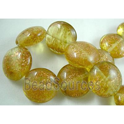 lampwork glass beads with goldsand, flat-round, yellow