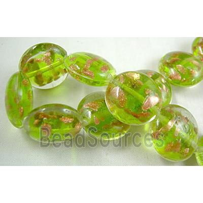 lampwork glass beads with goldsand, flat-round, green