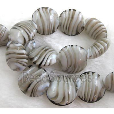 lampwork glass beads, flat-round, swirl line, grey