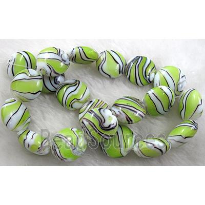 zebra lampwork glass beads, flat-round, olive