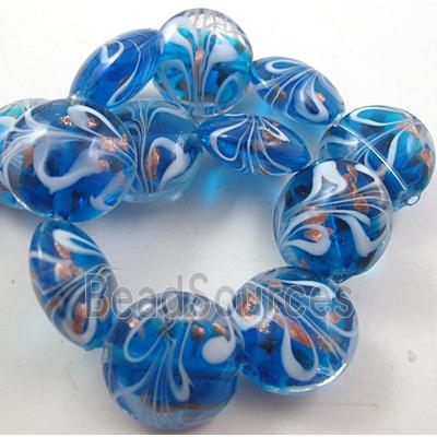 stripe lampwork glass beads, flat-round, blue