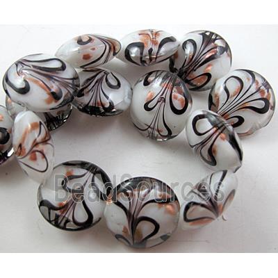 stripe lampwork glass beads, flat-round, white