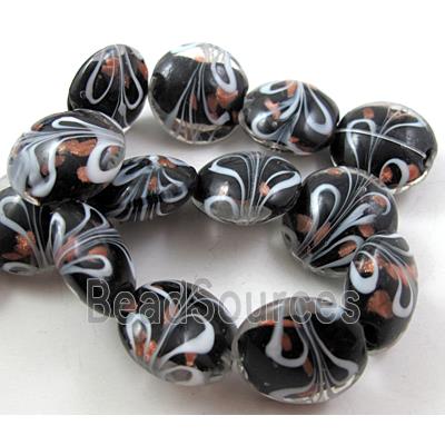 stripe lampwork glass beads, flat-round, black