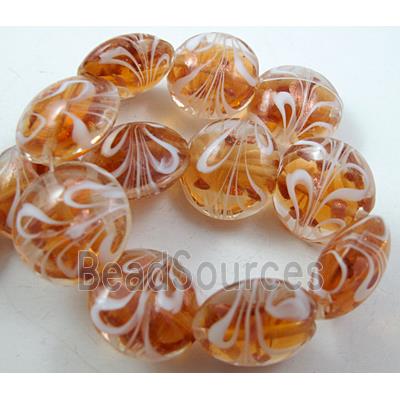 stripe lampwork glass beads, flat-round, golden