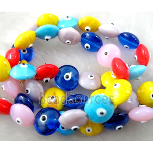  lampwork glass beads with evil eye, flat-round, mixed color